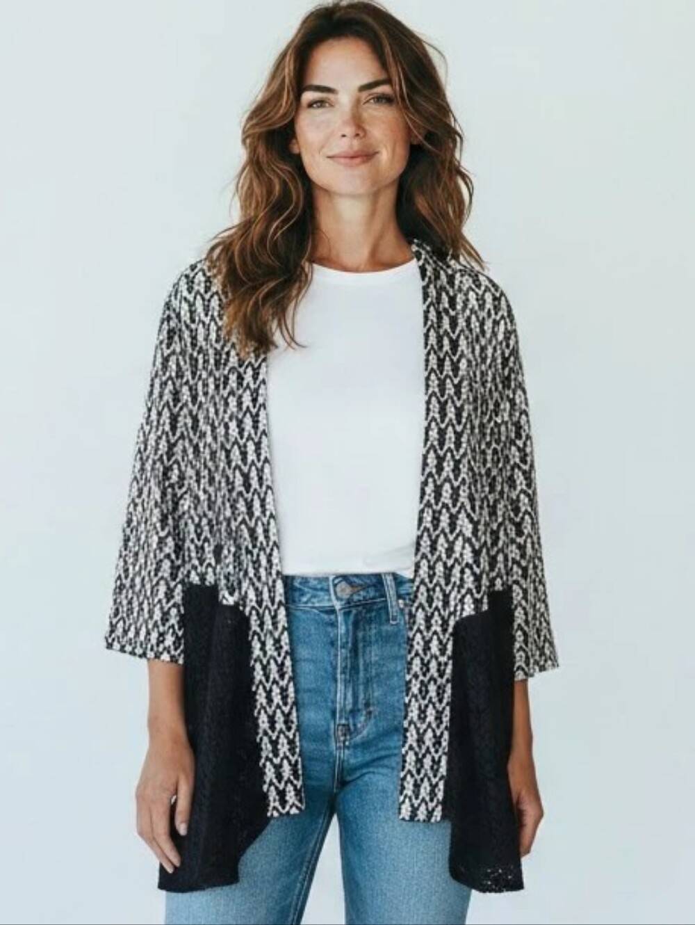 Alfred Dunner       Black and White Crochet Open Front Cardigan